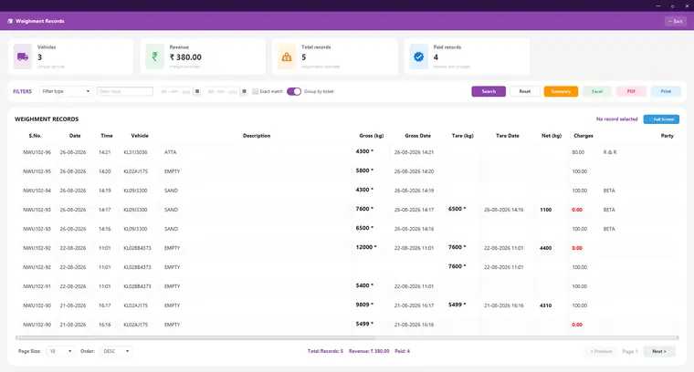 Weighment records with revenue summary, filters and Excel/PDF export