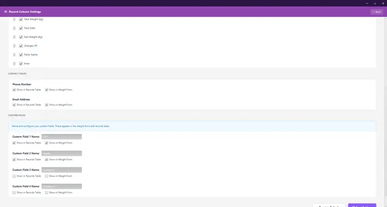 Configurable record columns and custom fields per store
