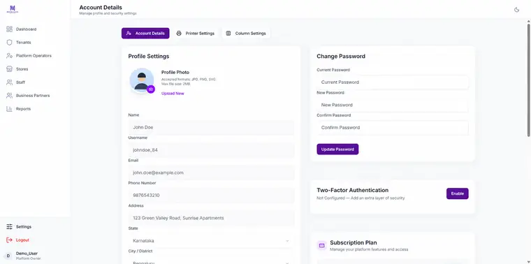 Profile, password and two-factor settings